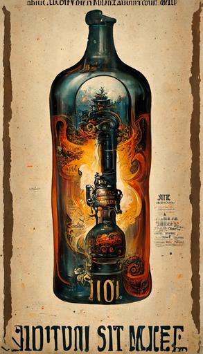 vintage poster, whiskey bottle :: 10 with label of steampunk shotgun, stylized flames and magic 