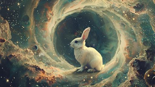 vintage sci-fi white rabbit sitting in a deep ominous rabbit black hole, in space, spiraling galactic chasm, stardust, ominous, mid-century modern , collage art, mixed media art, --ar 16:9 --v 6.0