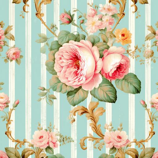vintage shabby chic repeating wallpaper pattern with and roses in pastel pink and teal blue and gold background stripes colors like the immages of a 1700 's artwork in high resolution perfect deta