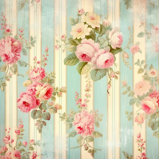 vintage shabby chic repeating wallpaper pattern with and roses in pastel pink and teal blue and gold background stripes colors like the immages of a 1700 's artwork in high resolution perfect deta