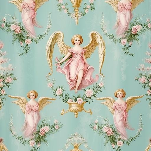vintage shabby chic repeating wallpaper pattern with and angels in gold pastel pink and teal blue background colors like the immages of a 1700 's christmas in high resolution perfect deta