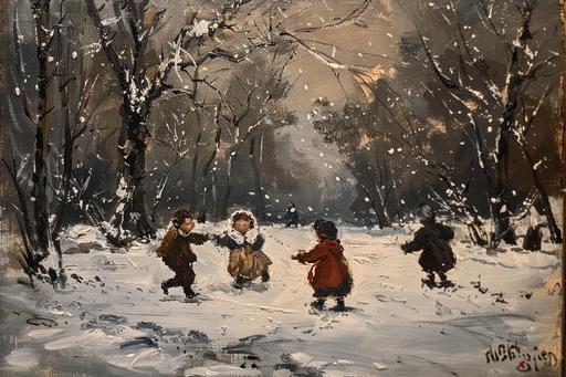 vintage simple dark colors oil painting of children playing in the snow in the 1800s --ar 3:2