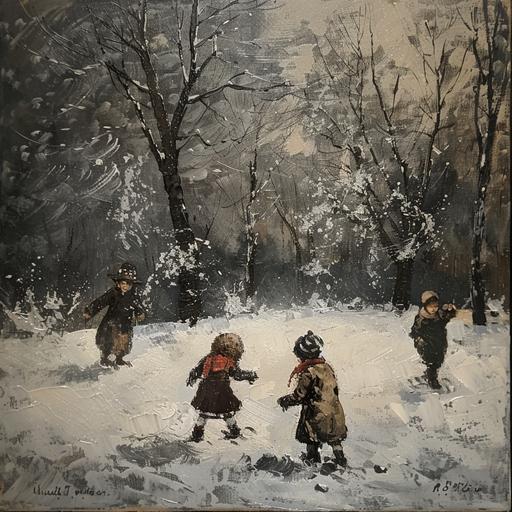 vintage simple dark colors oil painting of children playing in the snow in the 1800s
