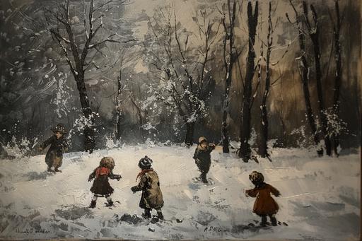 vintage simple dark colors oil painting of children playing in the snow in the 1800s --ar 3:2