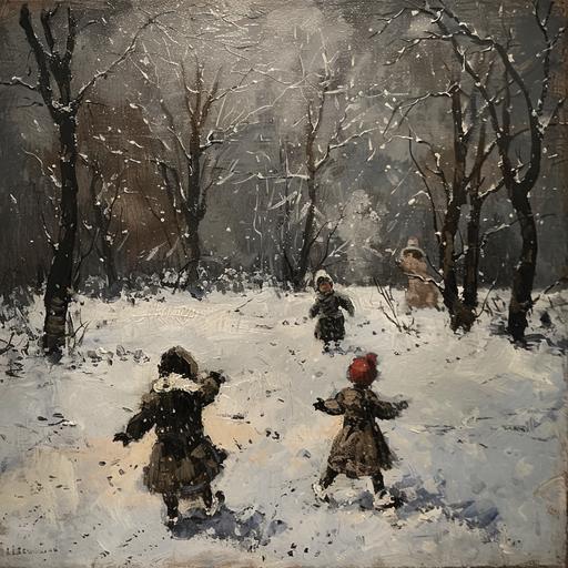 vintage simple dark colors oil painting of children playing in the snow in the 1800s