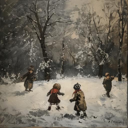 vintage simple dark colors oil painting of children playing in the snow in the 1800s --v 6.0