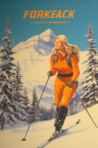 vintage ski poster, women skiers facing the viewer, coniferous trees in background, maximum detail, --ar 2:3 --no writing