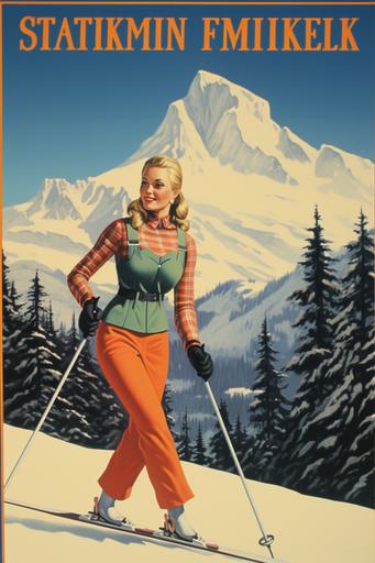 vintage ski poster, women skiers facing the viewer, coniferous trees in background, maximum detail, --ar 2:3 --no writing