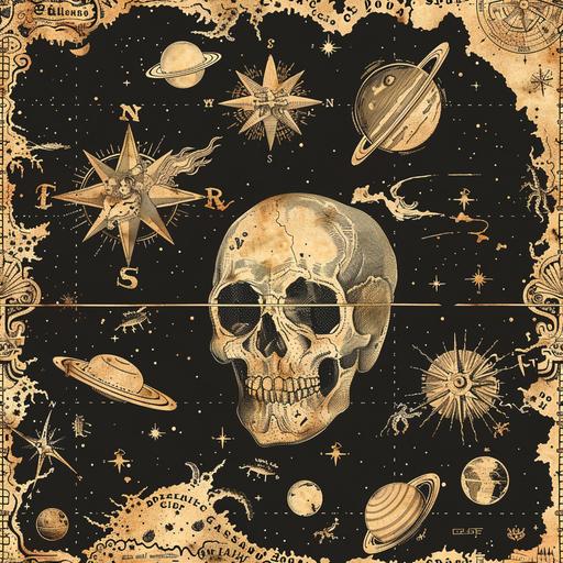 vintage space pirate map, in the style of the Caribbean space Pirates of the space colonial era, ornate and mysterious, sense of excitement and possibility, --tile --stylize 250 --v 6.0