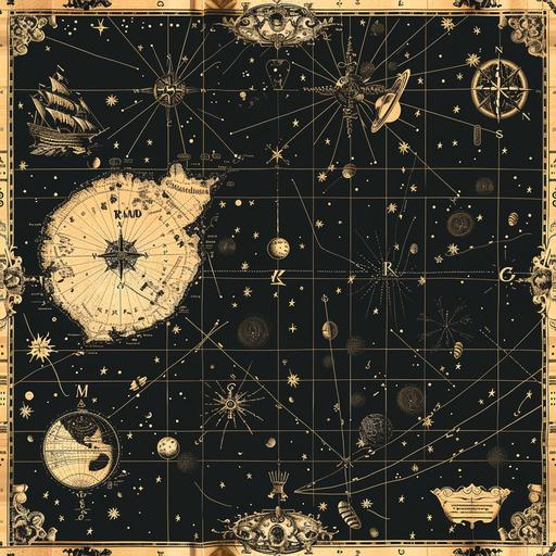 vintage space pirate map, in the style of the Caribbean space Pirates of the space colonial era, ornate and mysterious, sense of excitement and possibility, --tile --stylize 250 --v 6.0