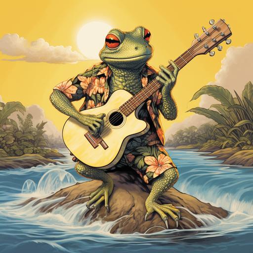 vintage style, kemit the frog wearing a print aloha shirt, playing guitar