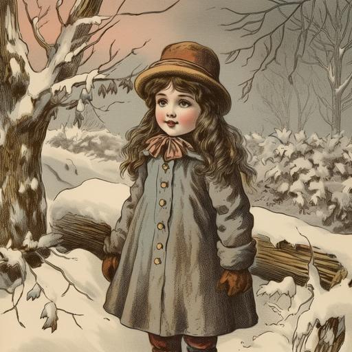 vintage victorian winter wonderland, little girl, dressed for winter, winter wood scene, in color, vintage cartoon, forest background --stylize 250 --v 5.0