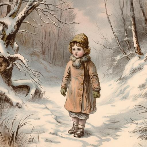 vintage victorian winter wonderland, little girl, dressed for winter, winter wood scene, in color, vintage cartoon, forest background --stylize 250 --v 5.0