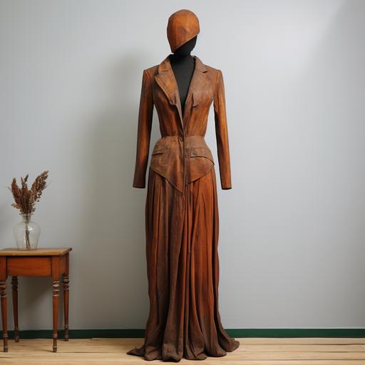 vintage wooden mannequin in а female coat
