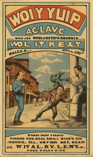 vintage wrestling poster in the style of an antique matchbox advertisement, in the style of wong kar-wai, walt kelly, light brown and sky-blue, toby fox, american prints 1880–1950, colorful sidewalk scenes --ar 3:5