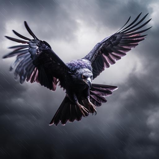 violet hawk flying fast through white fog, fierce attitude, black stormy skies in the background, close up image, lightning bolts, photorealistic, ultra 4k