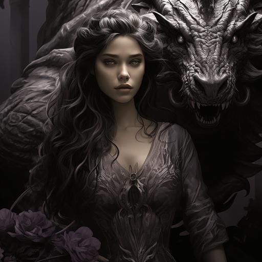 violet sorrengail and dragons, iron flame, forth wing. image for banner. black and white --s 250