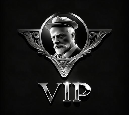 vip logo black background, in the style of celebrity-portraits, chromepunk, silver, digitally enhanced, associated press photo, elegant clothing, victor enrich --ar 128:113