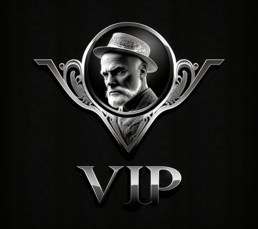 vip logo black background, in the style of celebrity-portraits, chromepunk, silver, digitally enhanced, associated press photo, elegant clothing, victor enrich --ar 128:113