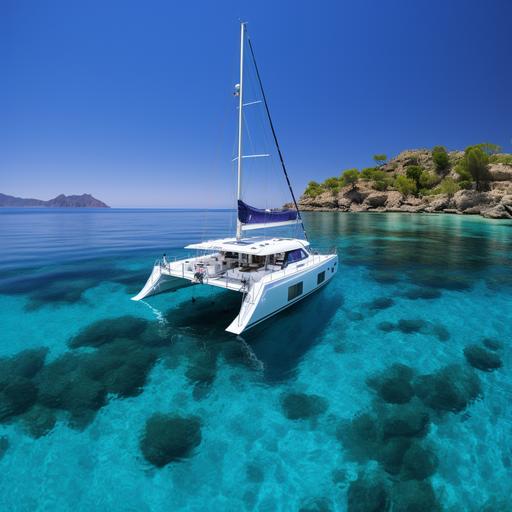 --v 5.2 crystal clear water near tropic island, black color ladder attached to the edge of catamaran and other end touching the water. white beautiful catamaran