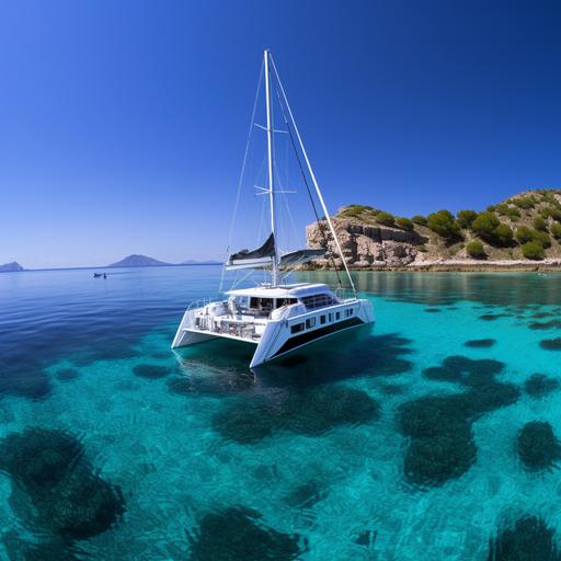 --v 5.2 crystal clear water near tropic island, black color ladder attached to the edge of catamaran and other end touching the water. white beautiful catamaran