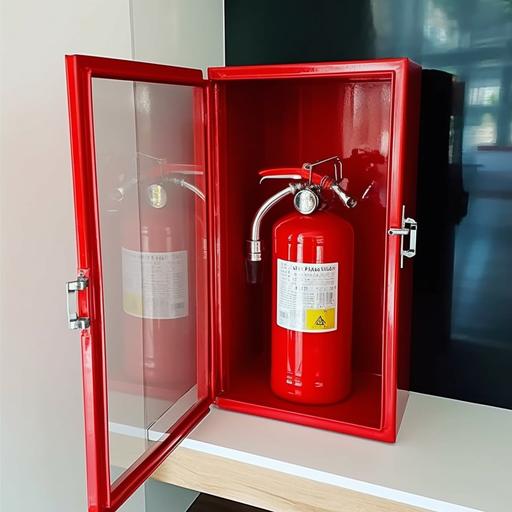 --v 5.1 medium size red box with glass door next to fire extinguisher 2kg about the size if the box, and on the other side fire blanket