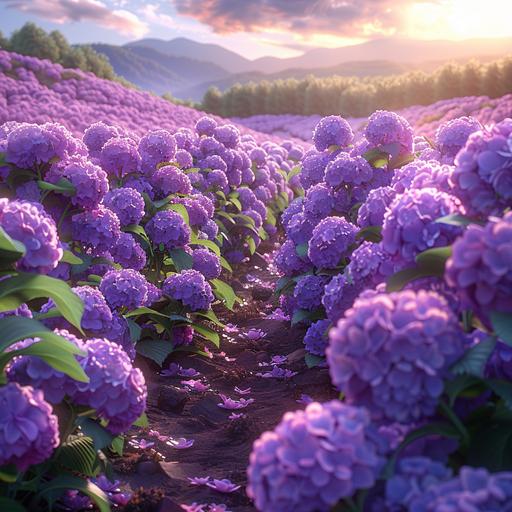 virtual reality photo stlye panorama garden hydrangea purple flowers as far as the eye can see The soft light of the sun in the morning natural ginger freshness --v 6.0 --s 750