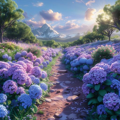 virtual reality photo stlye panorama garden hydrangea purple flowers as far as the eye can see The soft light of the sun in the morning natural ginger freshness --v 6.0 --s 750