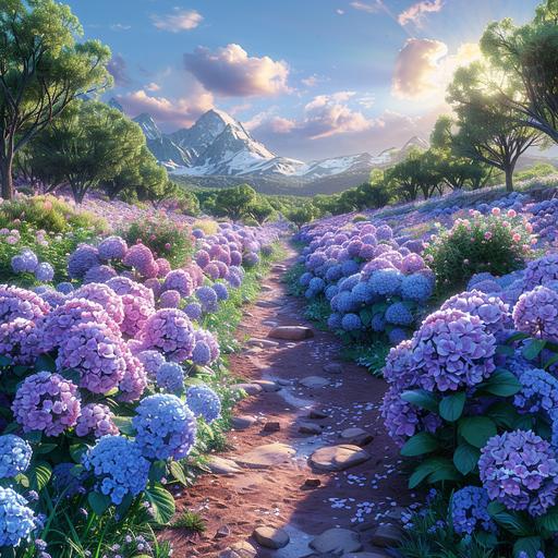 virtual reality photo stlye panorama garden hydrangea purple flowers as far as the eye can see The soft light of the sun in the morning natural ginger freshness --v 6.0 --s 750