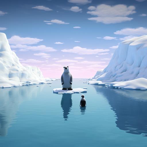 create the scenario of north pole bear standing on the big ice sheet which floating in the ocean confront the penquin standing on the big ice sheet floating in the ocean from the south pole.