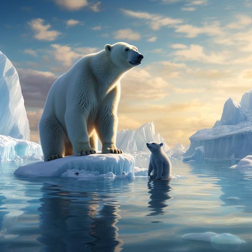 create the scenario of north pole bear standing on the giant ice sheet which floating in the ocean meet the penquin standing on the big ice sheet floating in the ocean from the south pole.