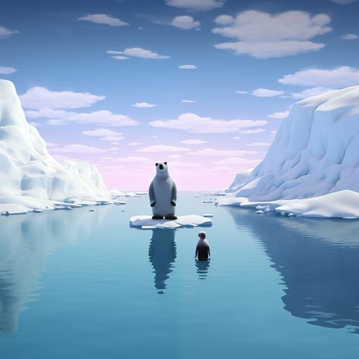 create the scenario of north pole bear standing on the big ice sheet which floating in the ocean confront the penquin standing on the big ice sheet floating in the ocean from the south pole.