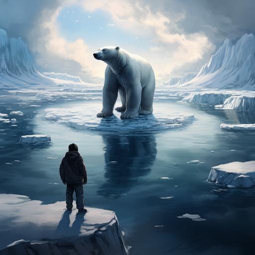 create the scenario of north pole bear standing on the giant ice sheet which floating in the ocean meet the penquin standing on the big ice sheet floating in the ocean from the south pole.