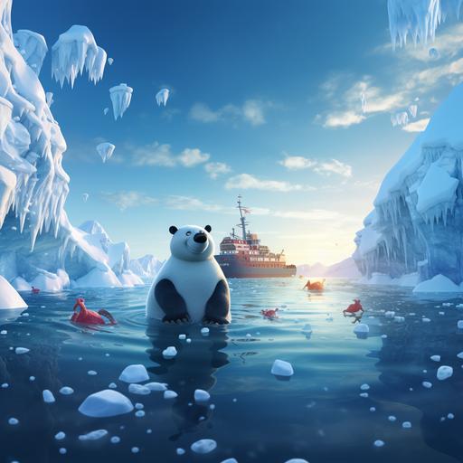 create the scenario the north pole bear chat with the penquin on the big ice sheet which float in the deep ocean.
