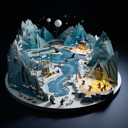 create the scenario the north pole bear chat with the south pole penquin on the ice sheet floating on the ocean.