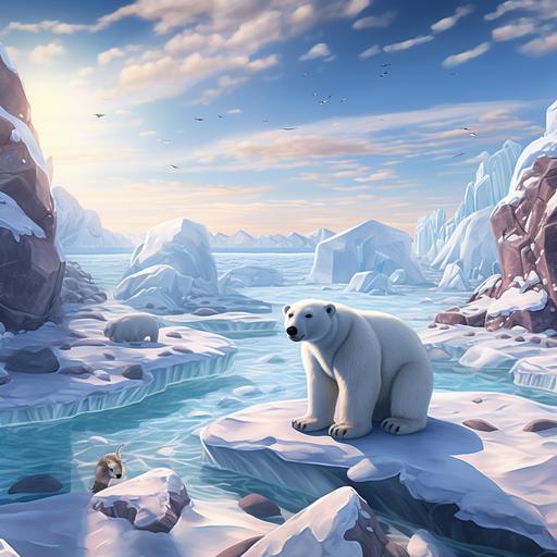create the scenario the north pole bear chat with the south pole penquin on the ice sheet on the ocean.