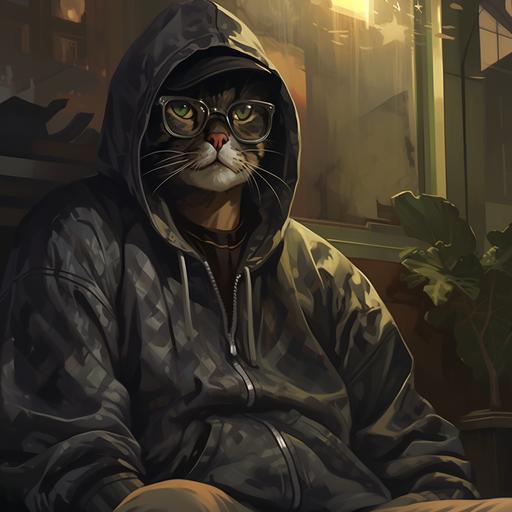 visible from above, dressed in camouflage pants, wearing a hoodie that looks like a gray sweatshirt, male cat with black shiny glasses, cartoon-like
