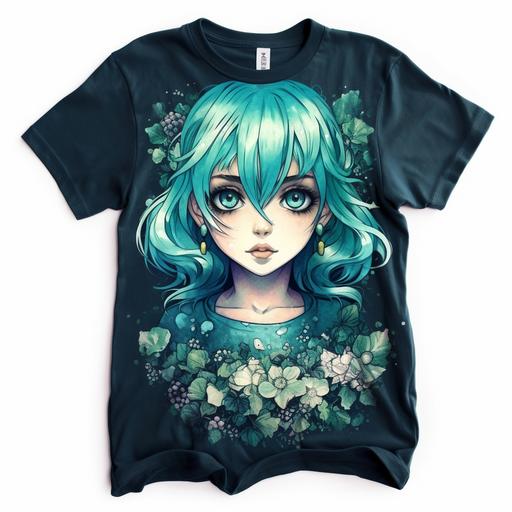visual kei, anime character, cute girl, printed on a, TEAL t-shirt::2, tshirt photo, top-down shot, lay-down layout, studio product photo --no model --ar 6:6 --v 5 --s 750