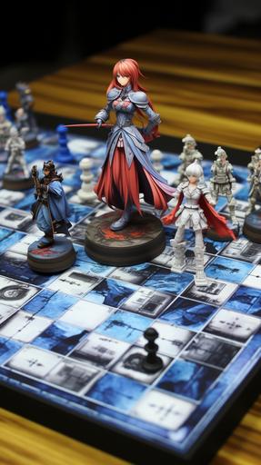 visual key anime style of a anime manga rpg tabletop board game box with anime characters rpg board game pawns, --ar 9:16