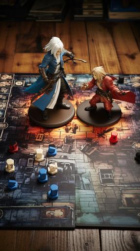 visual key hd, two japanese anime heroes board game pawns fighting each other on a rpg tabletop game, --ar 9:16
