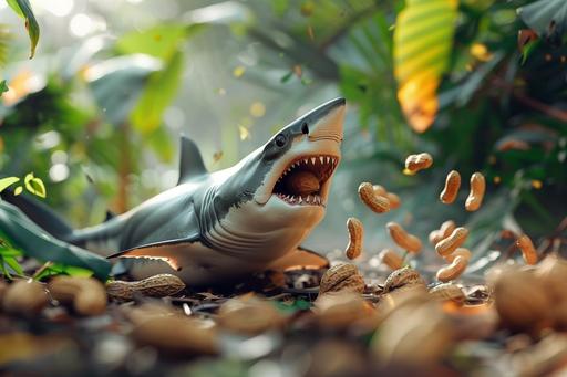 photo ofgrey forest shark with glass eyes caught on camera with peanut in giant mouth, sitting up on ground, hyper realistic --ar 3:2 --v 6.0 --w 1400