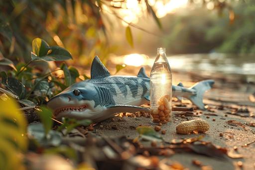 photo ofgrey forest shark with glass eyes caught on camera with peanut in giant mouth, sitting up on ground, hyper realistic --ar 3:2 --v 6.0 --w 1400