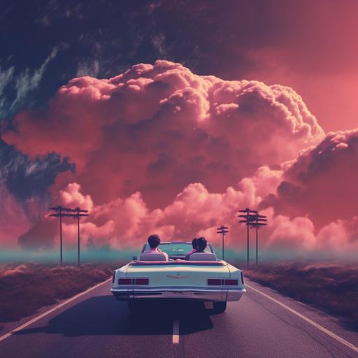 subtle appearance of a smokey shape of unicorn head in the clouds. THREE musicians in an old 1974 chevrolet convertible driving on a distant road into nowhere on a dystopian planet somewhere in the clouds . retro synth miami style. POV from back.