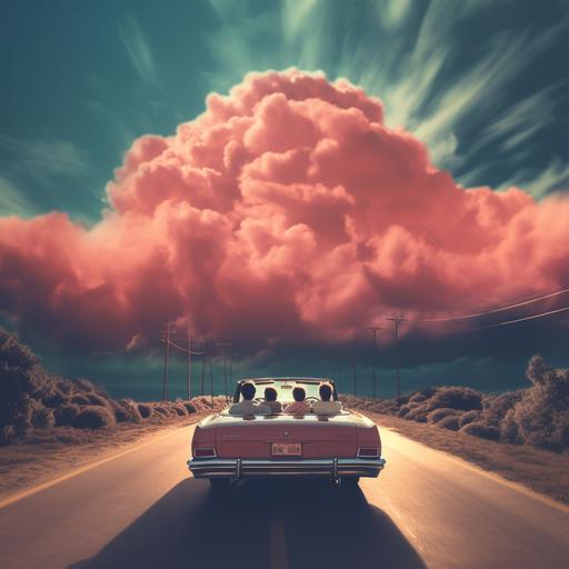 subtle appearance of a smokey unicorn head in the clouds. THREE musicians in an old 1974 chevrolet convertible driving on a distant road into nowhere on a dystopian planet somewhere in the clouds . retro synth miami style. POV from back.