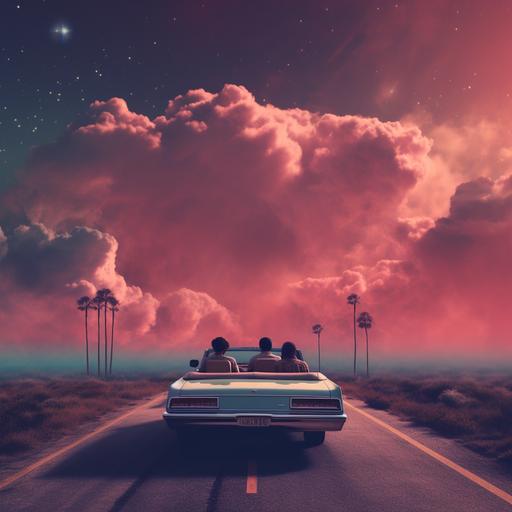 subtle appearance of a unicorn head in the clouds. THREE musicians in an old 1974 chevrolet convertible driving on a distant road into nowhere on a dystopian planet somewhere in the clouds . retro synth miami style. POV from back.