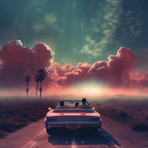 subtle appearance of a unicorn head in the clouds. THREE musicians in an old 1974 chevrolet convertible driving on a distant road into nowhere on a dystopian planet somewhere in the clouds . retro synth miami style. POV from back.