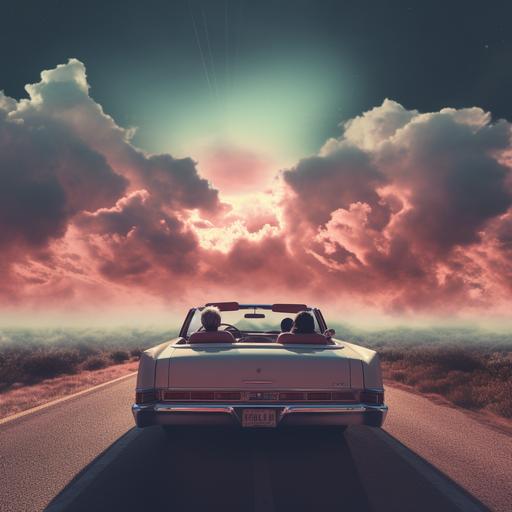 worldpress photo awarded picture. subtle appearance of a unicorn head in the clouds. THREE musicians in an old 1974 chevrolet convertible driving on a distant road into nowhere on a dystopian planet somewhere in the clouds . retro synth miami style. POV from back.