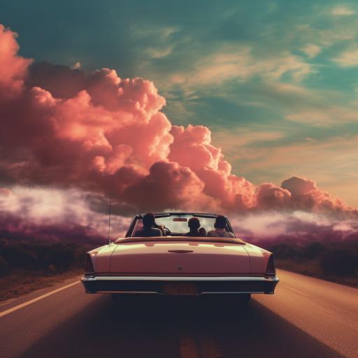 worldpress photo awarded picture. subtle appearance of a unicorn head in the clouds. THREE musicians in an old 1974 chevrolet convertible driving on a distant road into nowhere on a dystopian planet somewhere in the clouds . retro synth miami style. POV from back.