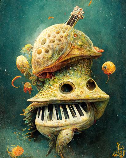 alien fish-turtle musician playing a musical instrument ,cartoon art ,creatures , coral reef, starfish, Jean-Baptiste Monge ,PIXAR ,extreme long shot, --ar 4:5