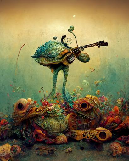 alien fish-turtle musician playing a musical instrument ,cartoon art ,creatures , coral reef, starfish, Jean-Baptiste Monge ,PIXAR ,extreme long shot, --ar 4:5